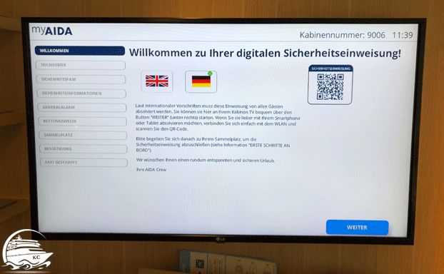 Digitale Sicherheitseinweisung am Kabinen TV AIDA Seenotrettungsübung - Die digitale Sicherheitseinweisung