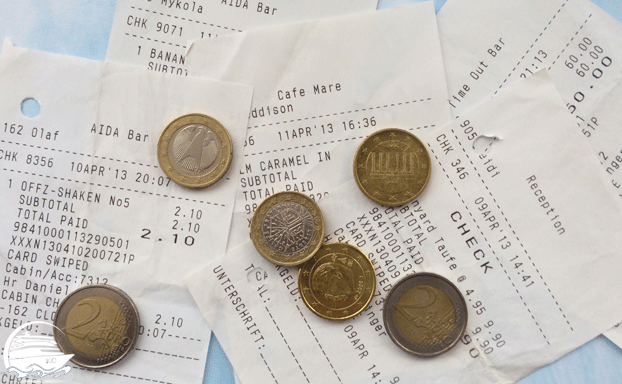 AIDA Check-Out - Rechnung bezahlen - Münzen und Zahlungsbelege