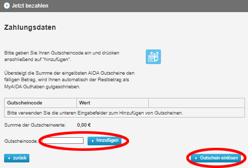AIDA Gutschein einlösen - Screenshot Zahlungsdaten Gutschein