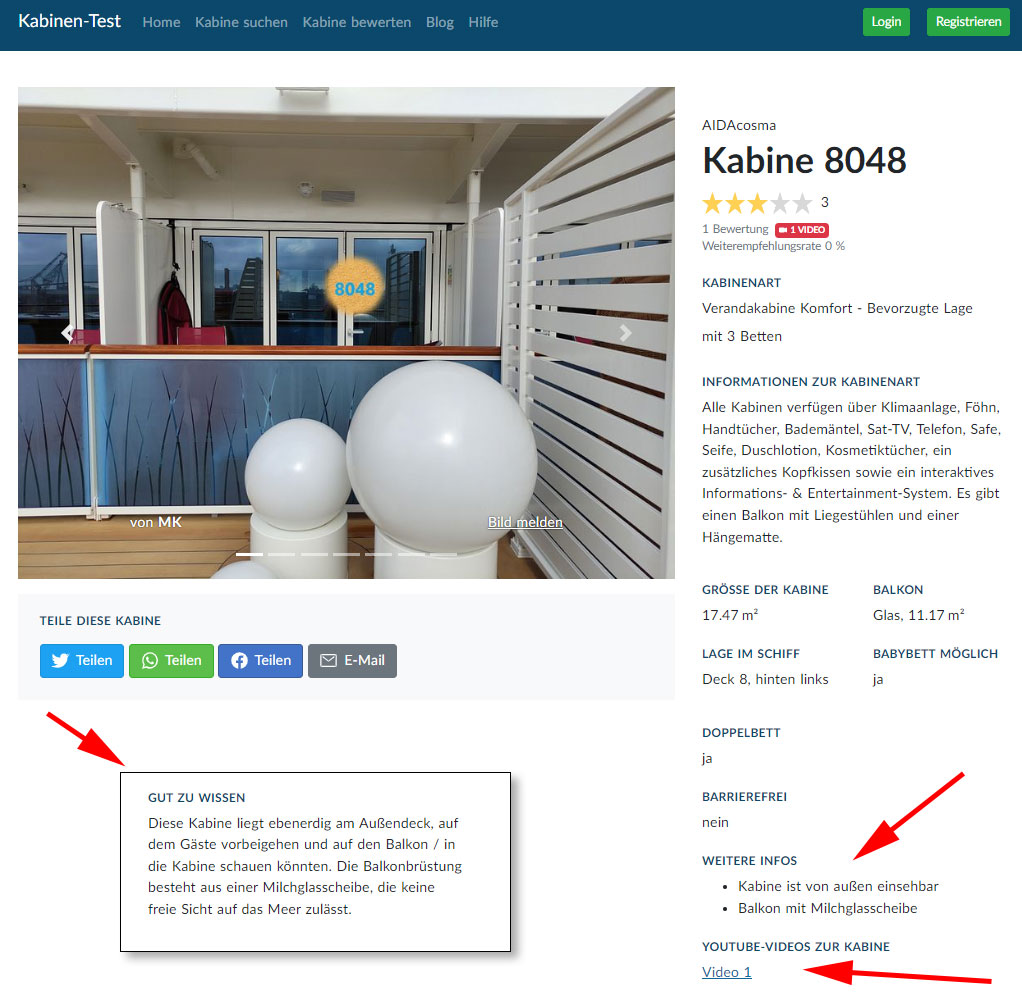 Beispiel AIDAcosma Kabine 8048 mit Videolink und Zusatzinfos