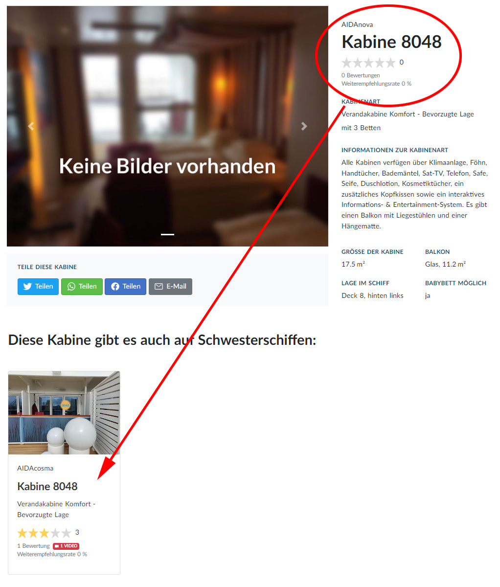 Beispiel Kabine ohne Bewertung mit Verweis auf Schwesterschiff