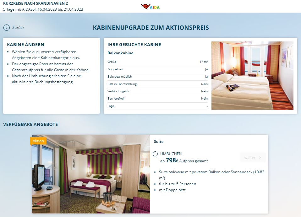 AIDA Kabinenupgrade - Angebot Upgrade auf Suite