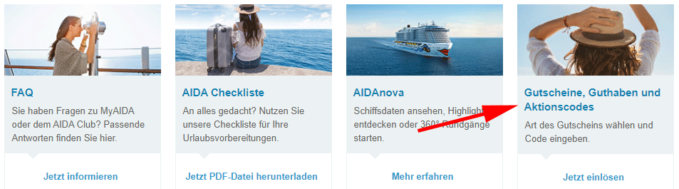 AIDA Bordguthaben einlösen - Link auf der myAIDA Startseite