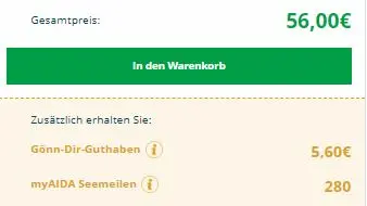 Warenkorb mit Seenmeilen und Gönn-Dir-Guthaben AIDA Screenshot myAIDA Kundencenter - Warenkorb mit Seenmeilen und Gönn-Dir-Guthaben