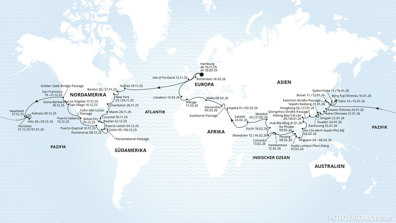 AIDA Weltreise 2025 - Die Route