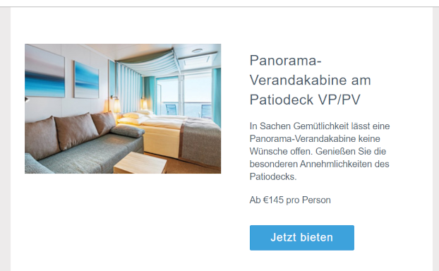 AIDA Kabinen Upgrade Programm - Angebot Panoramakabine mit Mindestgebot - AIDA Screenshot