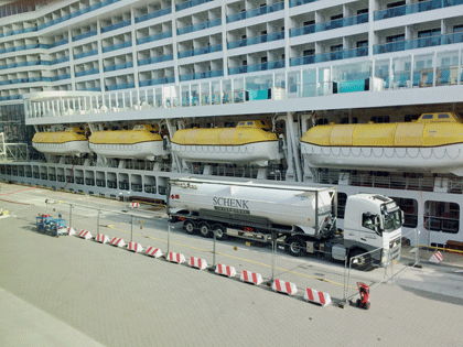 Über einen Tanklastzug kann AIDAprima im Hafen mit LNG betrieben werden.
