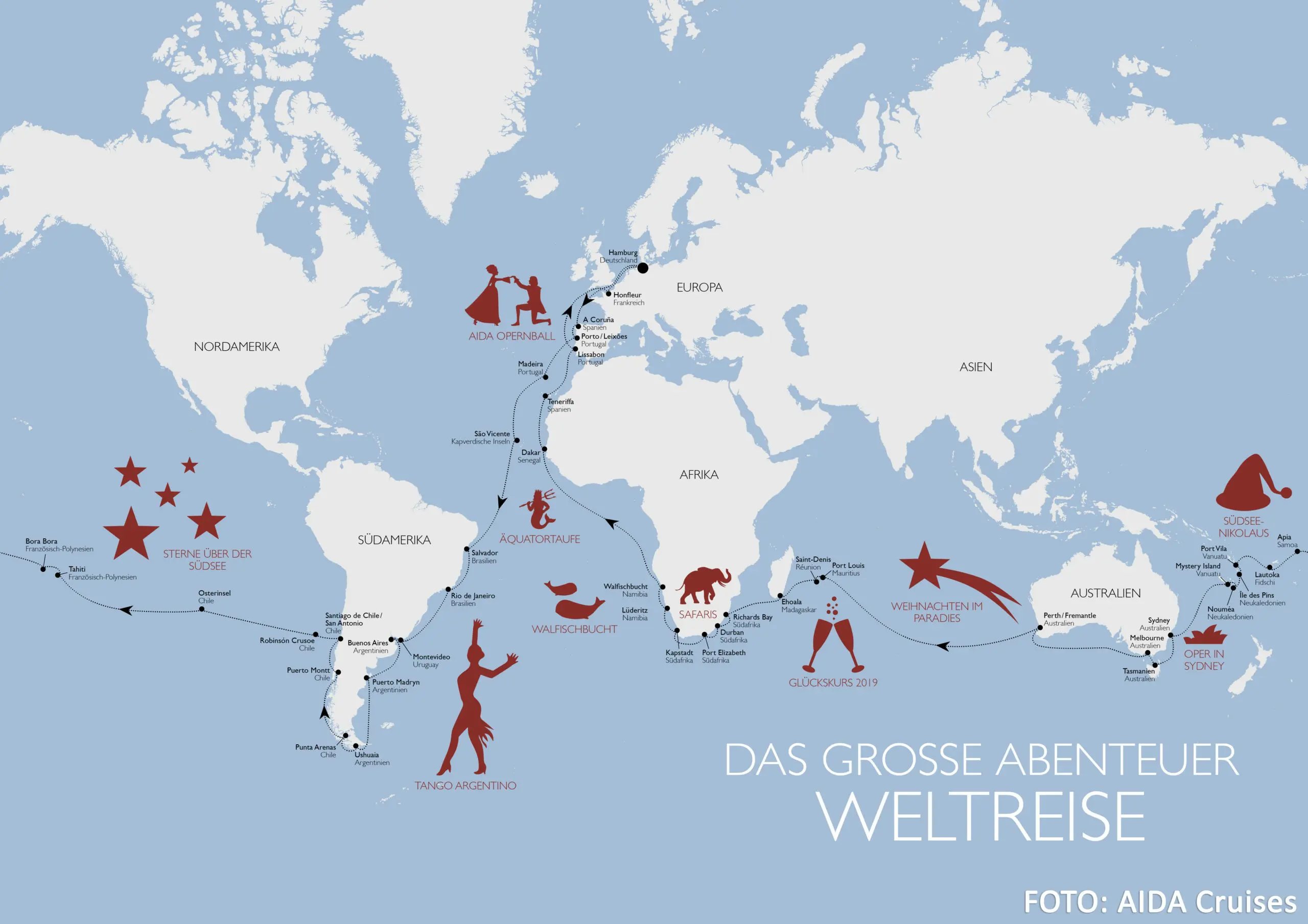 Die zweite AIDA Weltreise im Überblick (Karte) Karte der zweiten AIDA Weltreise mit AIDAaura