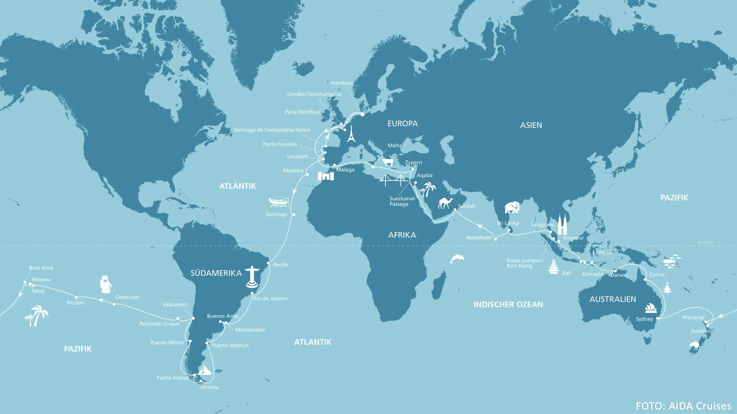 Die dritte AIDA Weltreise im Überblick (Karte) Karte der dritten AIDA Weltreise mit AIDAaura