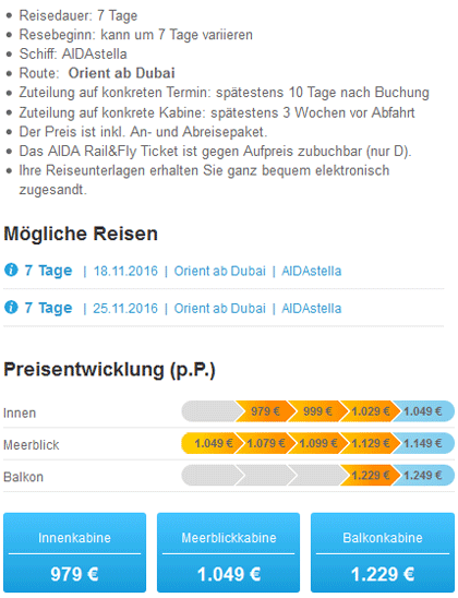 Screenshot Just AIDA First Minute - Beispiel variabler Abreisetermin In diesem Just AIDA First Minute Beispiel startet die Reise mit AIDAstella in den Orient entweder am 18.11. oder am 25.11.