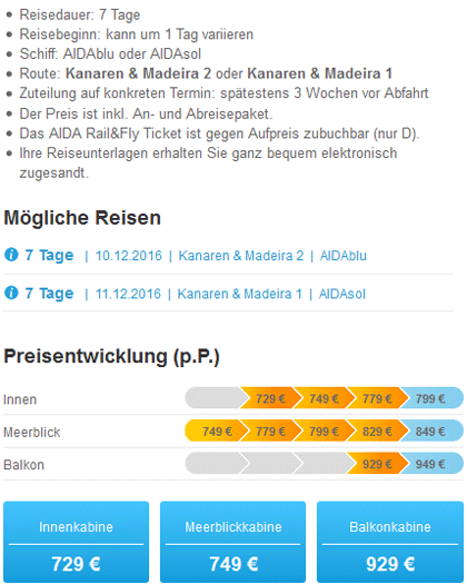 Bei diesem Just AIDA First Minute Angebot geht die Reise entweder am 10.12. mit AIDAblu auf die Route Kanaren & Madeira 2 oder am 11.12. mit AIDAsol auf die Route Kanaren & Madeira 1.