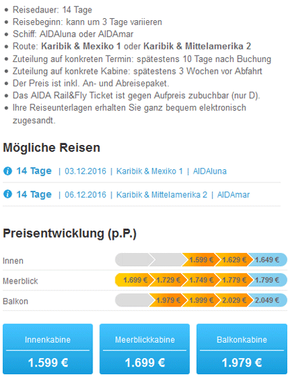 Screenshot Just AIDA First Minute - Variabler Termin, Schiff und Route (Beispiel 3) Bei diesem Just AIDA First Minute Angebot geht es entweder am 03.12. mit AIDAluna auf die Route Karibik & Mexiko 1 oder am 06.12. mit AIDAmar auf die Route Karibik & Mittelamerika 2.