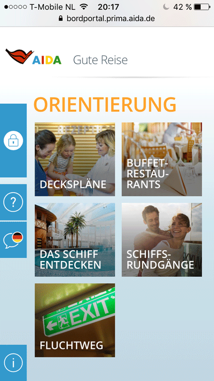 AIDA Deckplan im Bordportal Screenshot vom Bordportal mit Menüpunkt Deckspläne