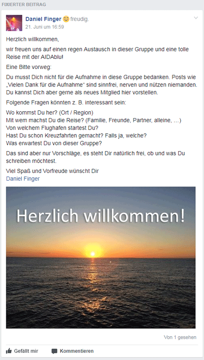 Screenshot fixierte Willkommensnachricht